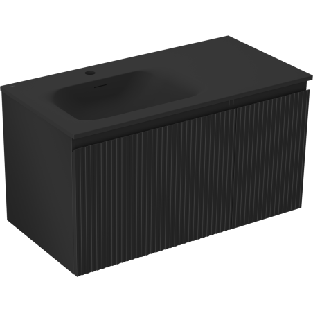 Mexen Rivel Badezimmerschrank 90 cm mit linker Vela-Waschbecken, 1S, 1D, gerillt, schwarz matt - 91A23-09047-3-BBFF71-W23L71