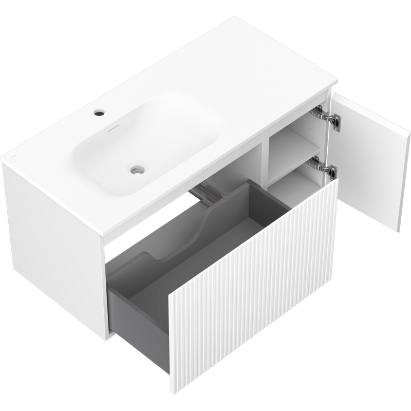 Mexen Rivel Badezimmerschrank 100 cm mit Waschbecken Vela links, 1S, 1D, gerillt, weiß matt - 91A23-10047-3-BBFF01-W23L01