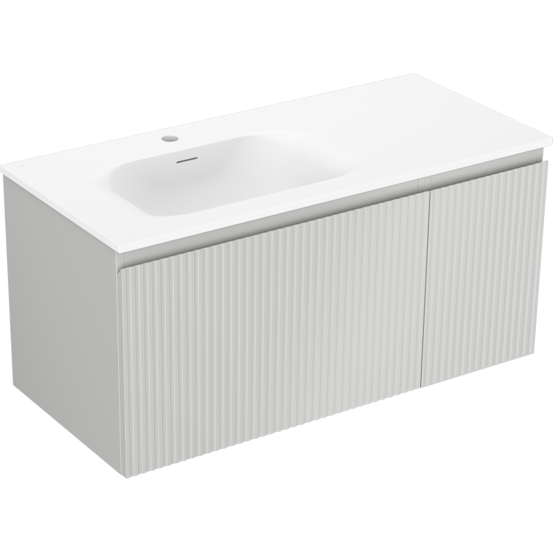 Mexen Rivel Badezimmerschrank 100 cm mit linkem Vela-Waschbecken, 1 Schublade, 1 Tür, gerillt, grau matt/weiß matt