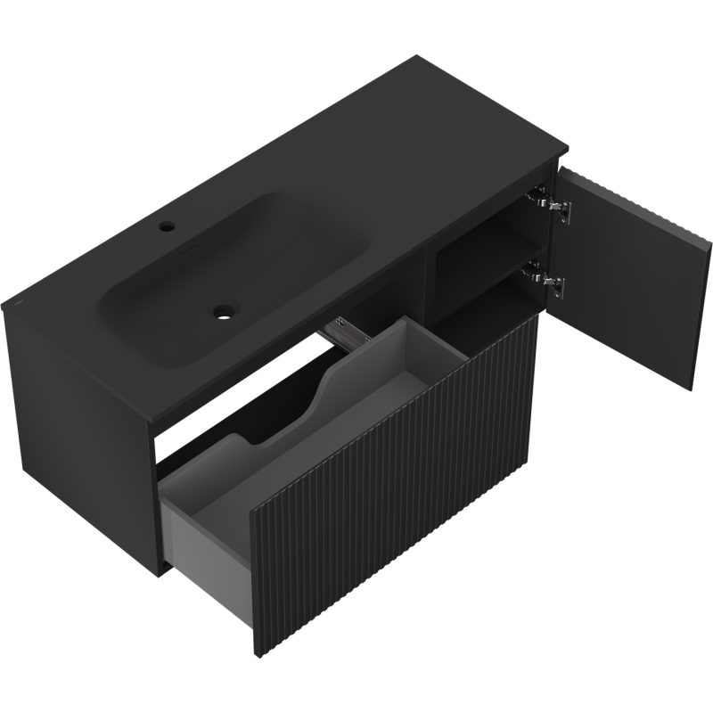 Mexen Rivel 120 cm Badezimmerschrank mit Vela-Waschbecken links, 1S, 1D, geriffelt, schwarz matt - 91A23-12047-3-BBFF71-W23L71