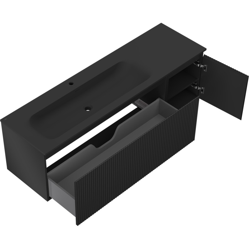 Mexen Rivel Badezimmerschrank 160 cm mit Waschtisch Vela links, 1S, 1D, gerillt, schwarz matt - 91A23-16047-3-BBFF71-W23L71