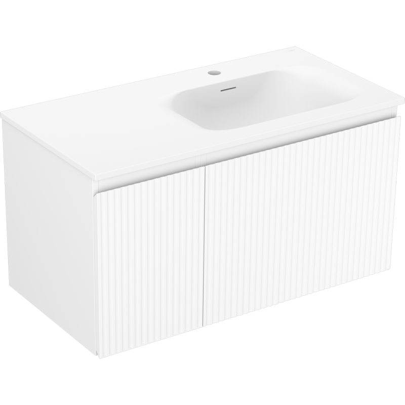 Mexen Rivel 90 cm Badezimmerunterschrank mit Waschbecken Vela rechts, 1S, 1D, gerillt, weiß matt - 91A23-09047-3-BBFF01-W23P01