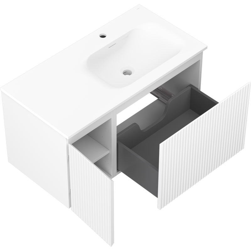 Mexen Rivel 90 cm Badezimmerunterschrank mit Waschbecken Vela rechts, 1S, 1D, gerillt, weiß matt - 91A23-09047-3-BBFF01-W23P01