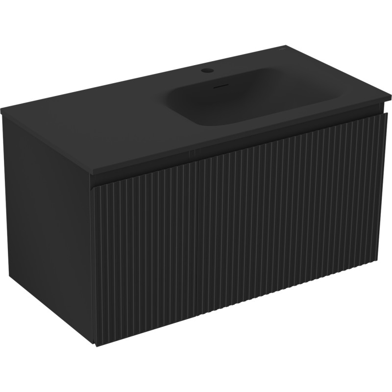 Mexen Rivel Badezimmerschrank 90 cm mit Waschbecken Vela rechts, 1S, 1D, geriffelt, schwarz matt - 91A23-09047-3-BBFF71-W23P71