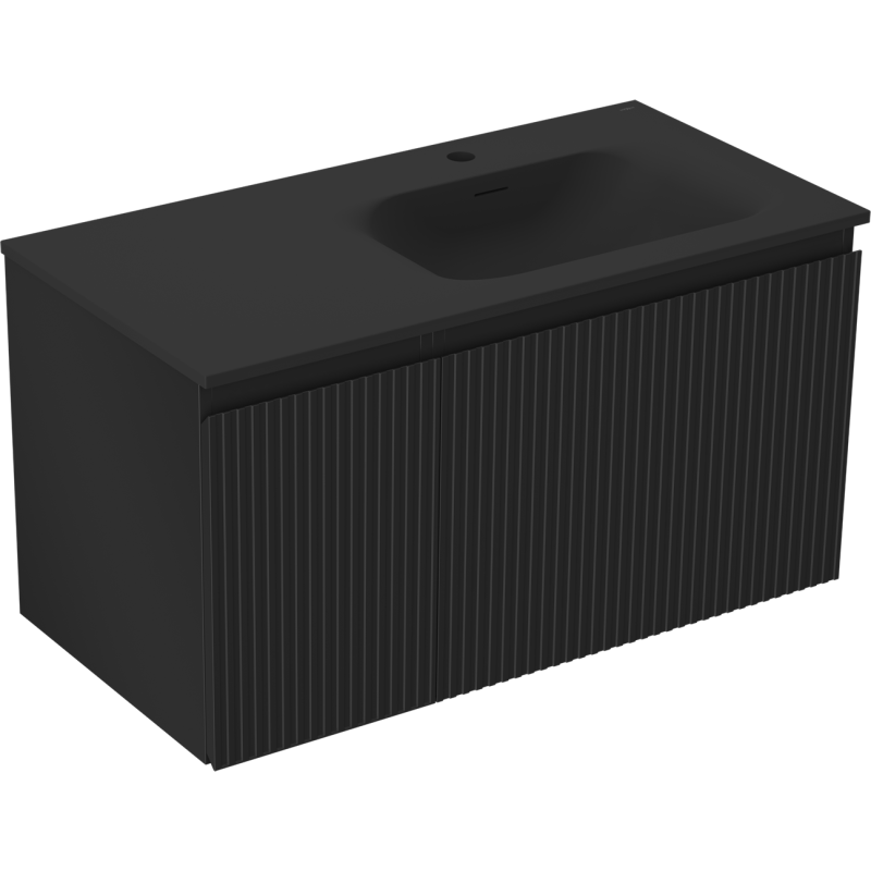Mexen Rivel Badezimmerschrank 90 cm mit Waschbecken Vela rechts, 1S, 1D, gerillt, schwarz matt - 91A23-09047-3-BBFF71-W23P71