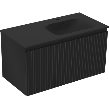 Mexen Rivel Badezimmerschrank 90 cm mit Waschbecken Vela rechts, 1S, 1D, geriffelt, schwarz matt - 91A23-09047-3-BBFF71-W23P71