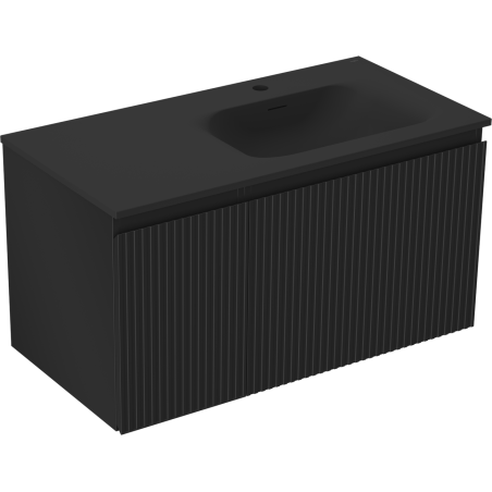 Mexen Rivel Badezimmerschrank 90 cm mit Waschbecken Vela rechts, 1S, 1D, gerillt, schwarz matt - 91A23-09047-3-BBFF71-W23P71