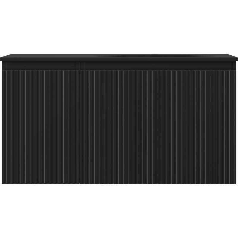 Mexen Rivel Badezimmerschrank 90 cm mit Waschbecken Vela rechts, 1S, 1D, geriffelt, schwarz matt - 91A23-09047-3-BBFF71-W23P71