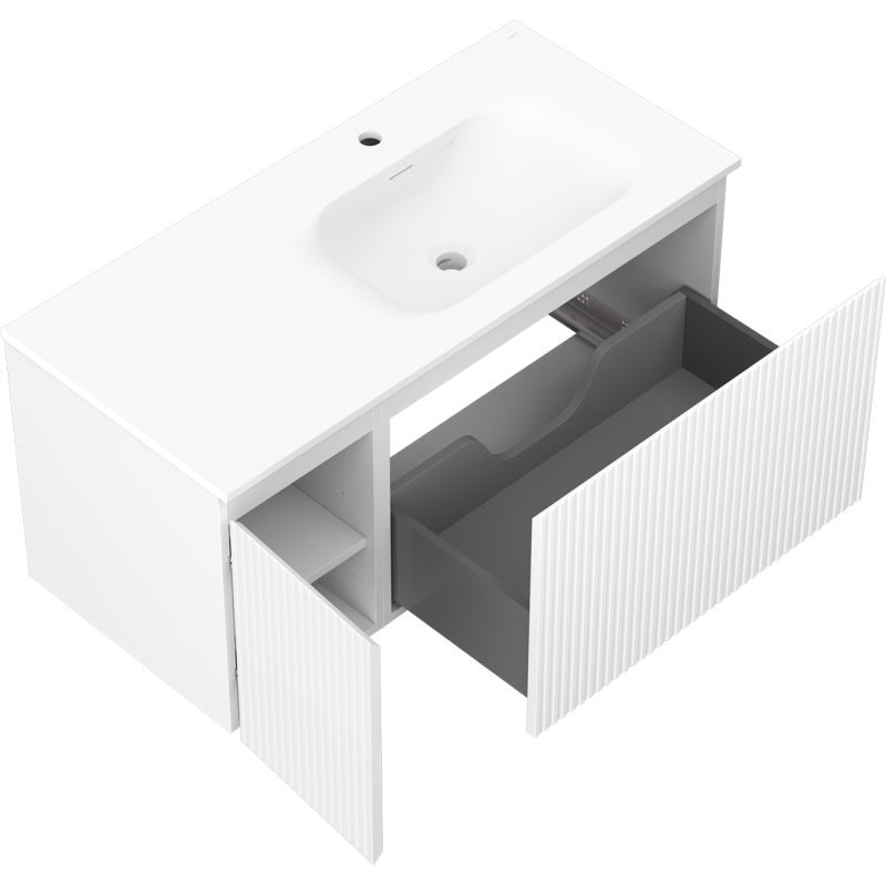 Mexen Rivel Badezimmerschrank 100 cm mit Waschtisch Vela rechts, 1S, 1D, geriffelt, weiß matt - 91A23-10047-3-BBFF01-W23P01