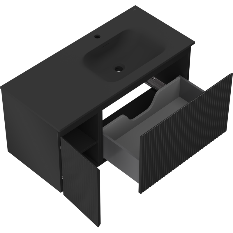 Mexen Rivel Badezimmerschrank 100 cm mit Waschbecken Vela rechts, 1S, 1D, geriffelt, schwarz matt - 91A23-10047-3-BBFF71-W23P71