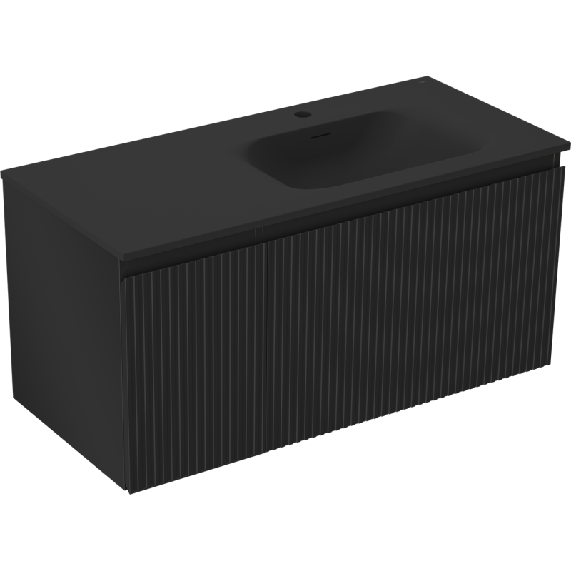 Mexen Rivel Badezimmerschrank 100 cm mit Waschbecken Vela rechts, 1S, 1D, geriffelt, schwarz matt - 91A23-10047-3-BBFF71-W23P71