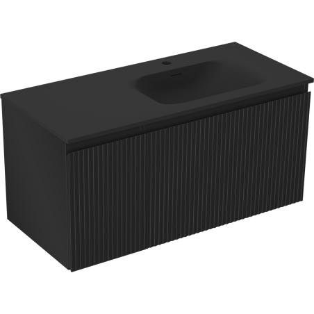 Mexen Rivel Badezimmerschrank 100 cm mit Waschbecken Vela rechts, 1S, 1D, geriffelt, schwarz matt - 91A23-10047-3-BBFF71-W23P71
