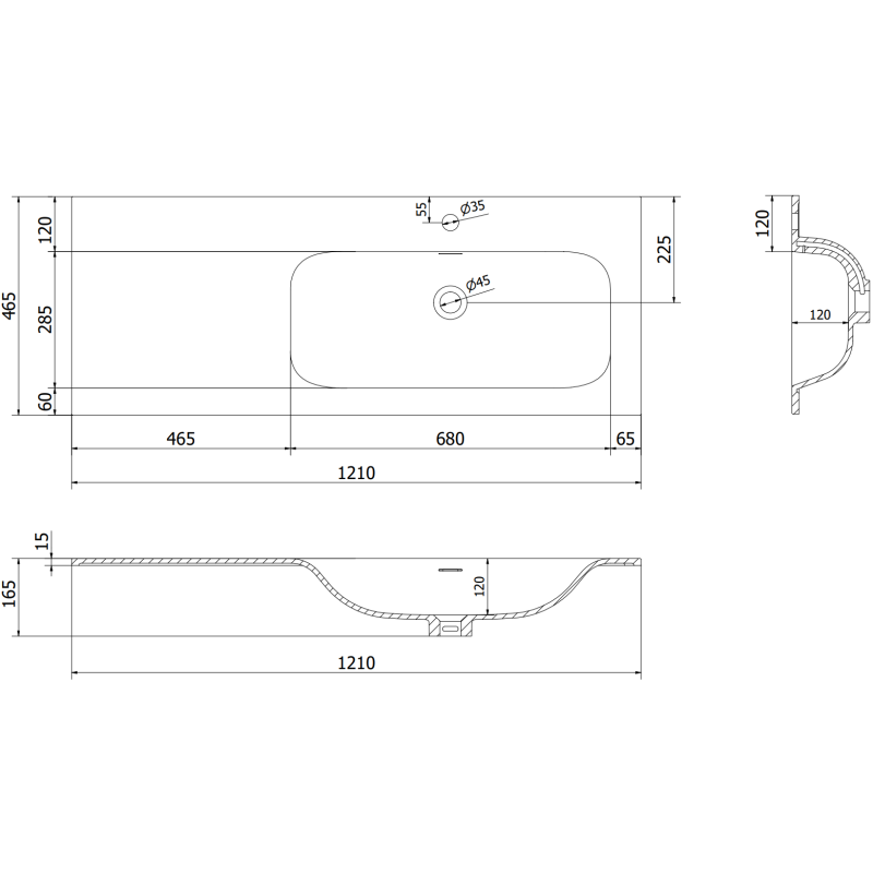 Mexen Rivel Badezimmerschrank 120 cm mit Waschbecken Vela rechts, 1S, 1D, gefräst, weiß matt - 91A23-12047-3-BBFF01-W23P01