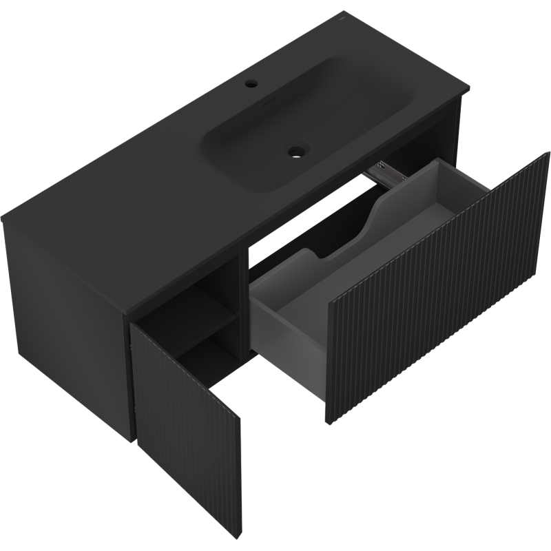 Mexen Rivel Badezimmerschrank 120 cm mit Waschbecken Vela rechts, 1S, 1D, geriffelt, schwarz matt - 91A23-12047-3-BBFF71-W23P71