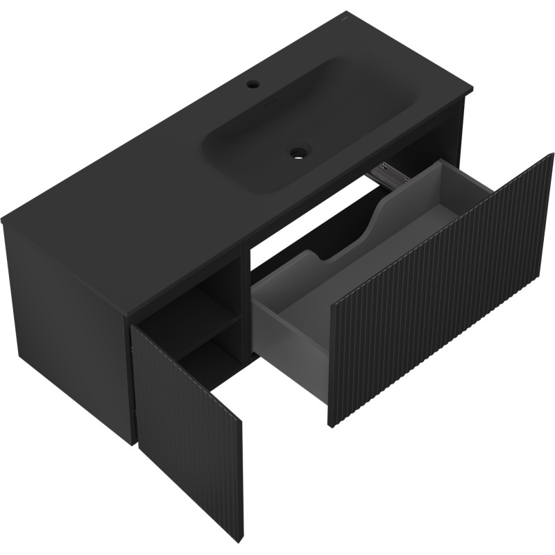 Mexen Rivel Badezimmerschrank 120 cm mit Waschbecken Vela rechts, 1S, 1T, gerillt, schwarz matt - 91A23-12047-3-BBFF71-W23P71
