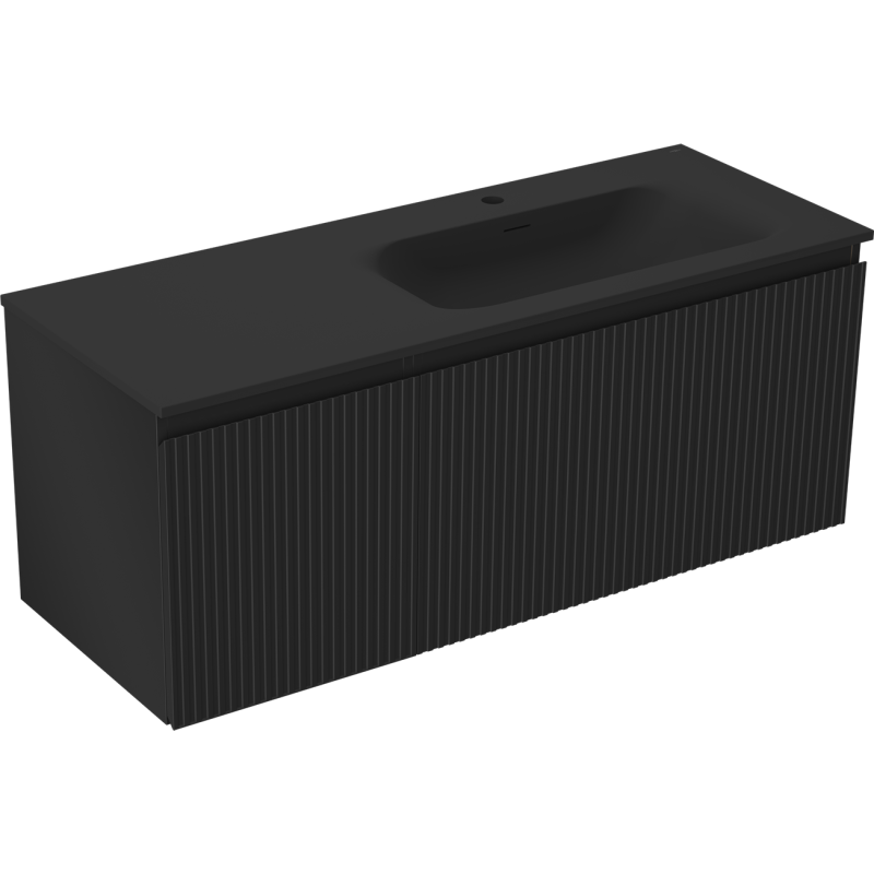 Mexen Rivel Badezimmerschrank 120 cm mit Waschbecken Vela rechts, 1S, 1D, geriffelt, schwarz matt - 91A23-12047-3-BBFF71-W23P71