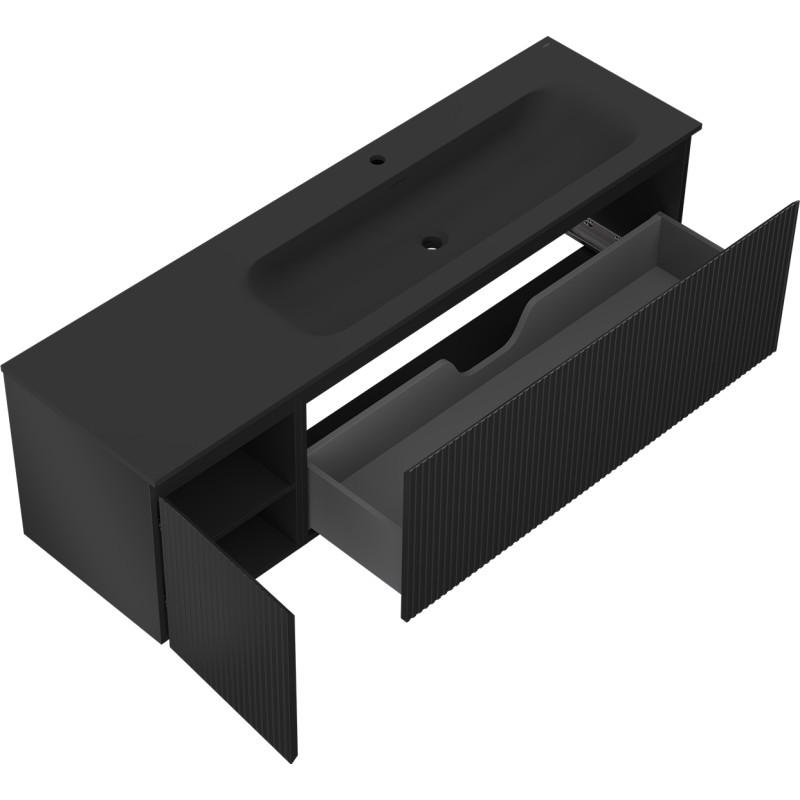 Mexen Rivel Badezimmerschrank 160 cm mit Waschbecken Vela rechts, 1S, 1T, geriffelt, schwarz matt - 91A23-16047-3-BBFF71-W23P71