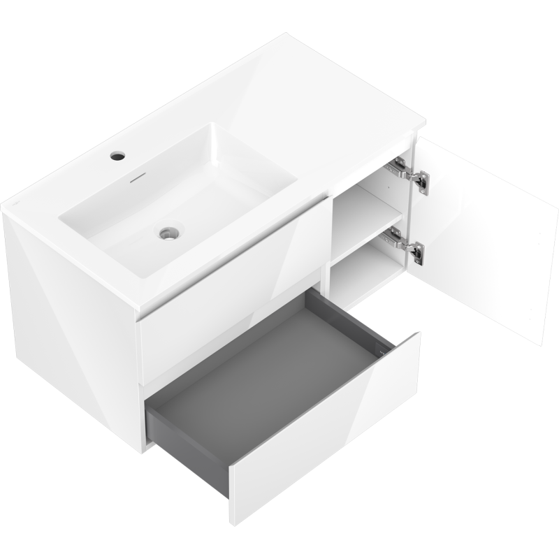 Mexen Orio Badezimmerschrank 90 cm mit linkem Otis-Waschbecken, 2S, 1D, weiß glänzend - 91A13-09047-3-BBFFF00-W18L00
