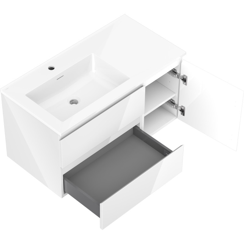 Mexen Orio Badezimmerschrank 90 cm mit Waschbecken Otis links, 2S, 1T, weiß glanz - 91A13-09047-3-BBFFF00-W18L00