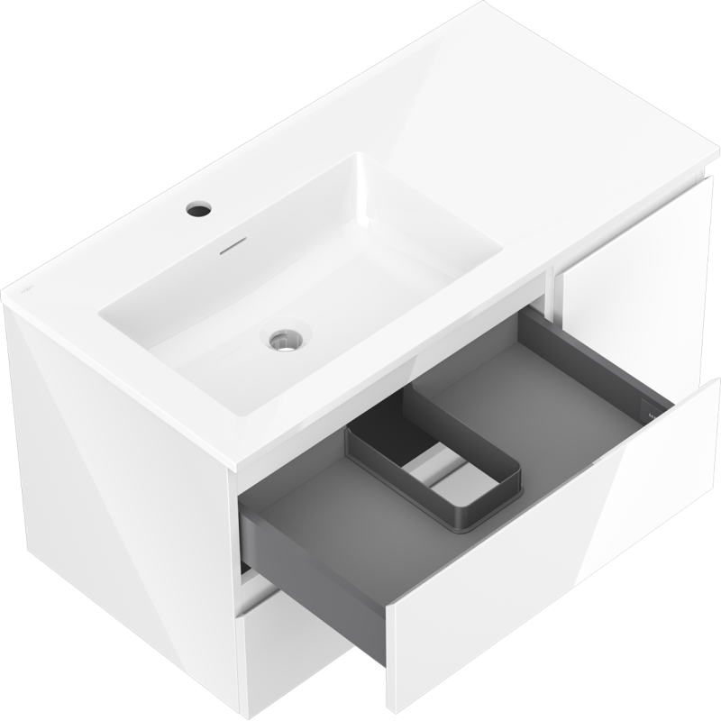 Mexen Orio Badezimmerschrank 90 cm mit linkem Otis-Waschbecken, 2S, 1D, weiß glänzend - 91A13-09047-3-BBFFF00-W18L00