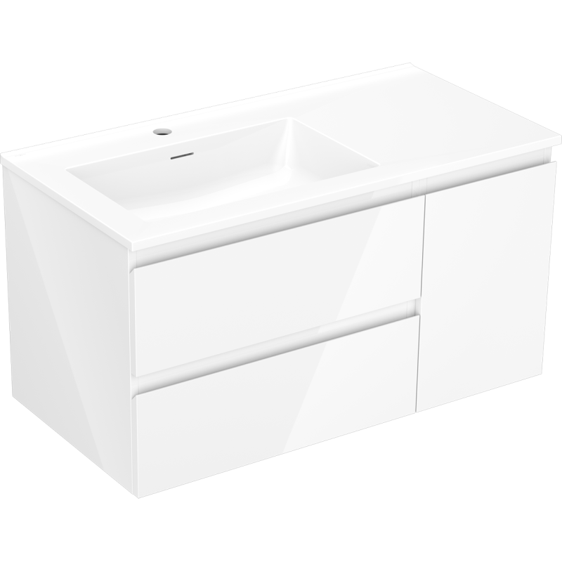 Mexen Orio Badezimmerschrank 90 cm mit linkem Otis-Waschbecken, 2S, 1D, weiß glänzend - 91A13-09047-3-BBFFF00-W18L00