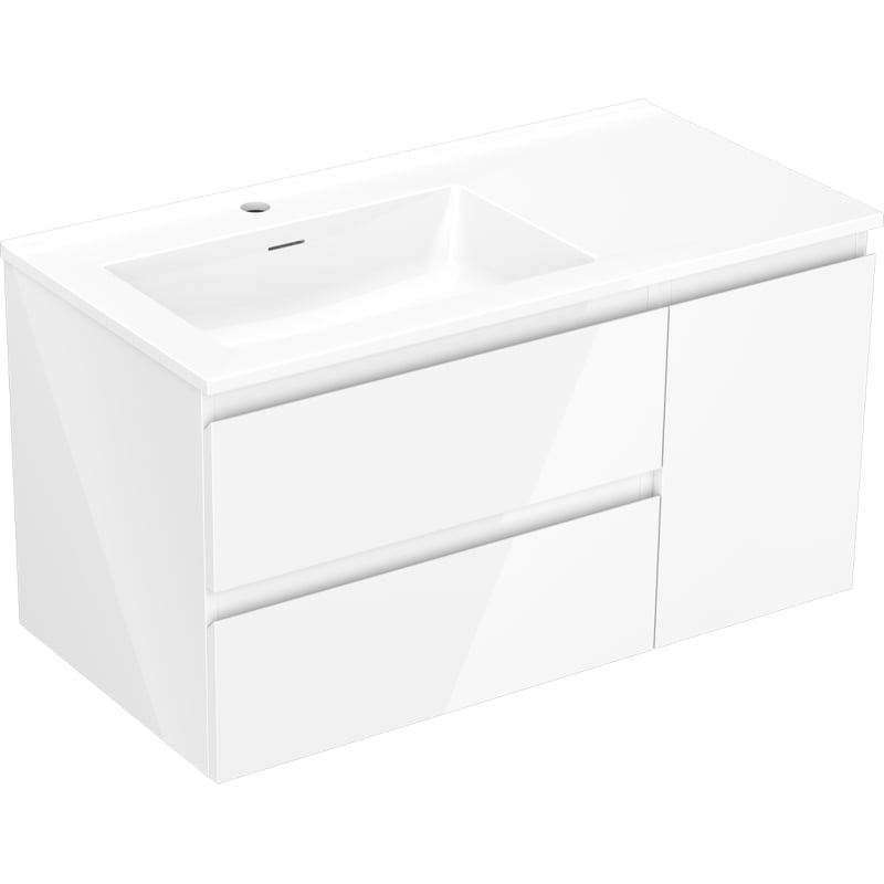 Mexen Orio Badezimmerschrank 90 cm mit Waschbecken Otis links, 2S, 1T, weiß glanz - 91A13-09047-3-BBFFF00-W18L00