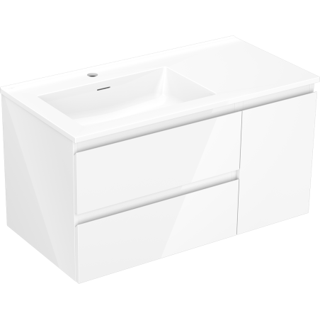 Mexen Orio Badezimmerschrank 90 cm mit linkem Otis-Waschbecken, 2S, 1D, weiß glänzend - 91A13-09047-3-BBFFF00-W18L00