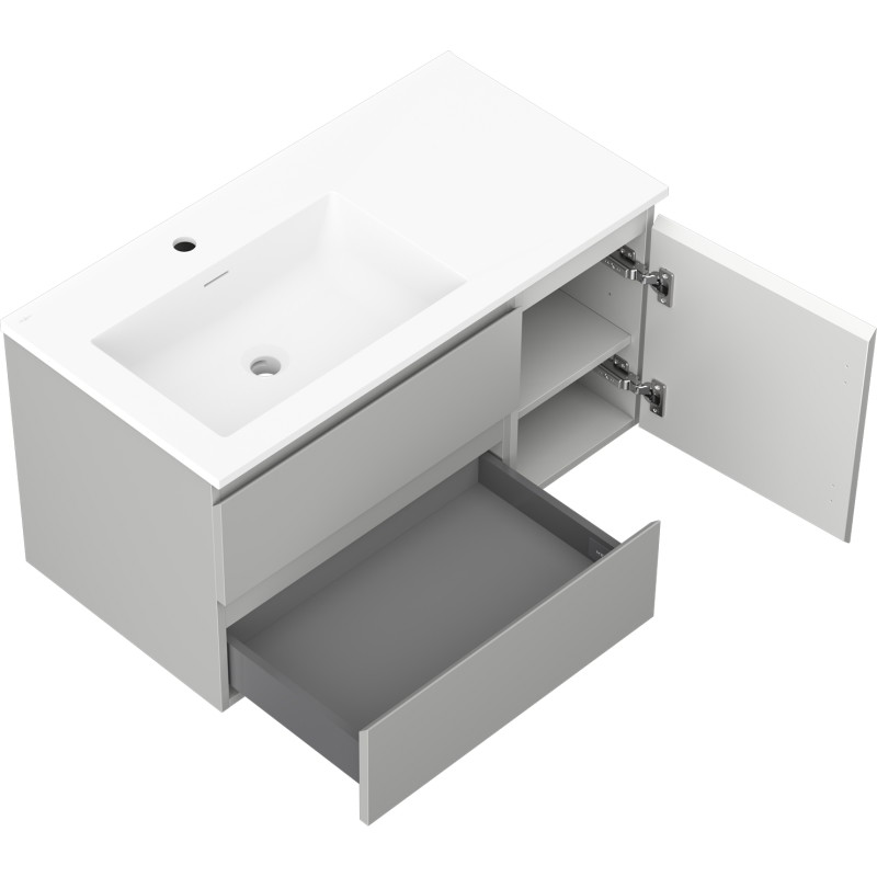 Mexen Orio 90 cm Badezimmerunterschrank mit Otis Waschbecken links, 2S, 1D, grau matt/weiß matt - 91A13-09047-3-BBFFF62-W18L01