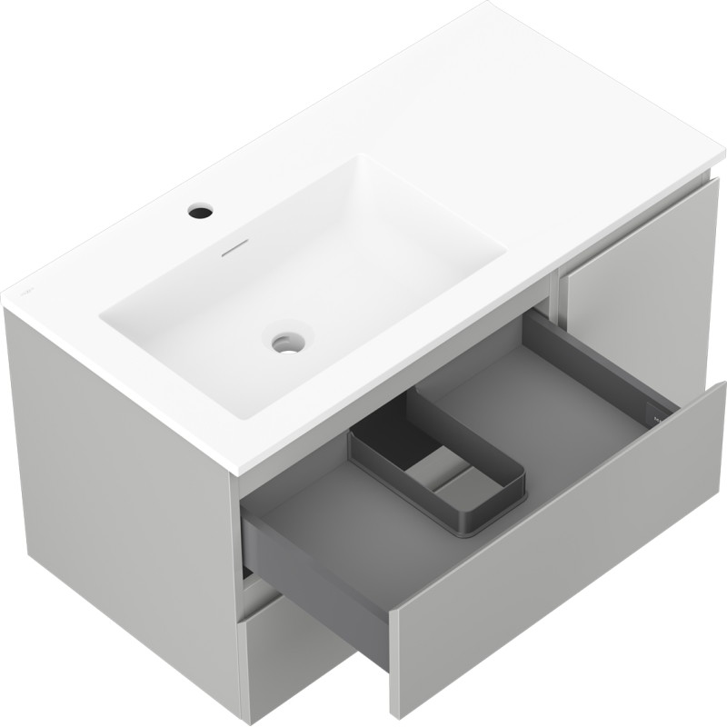Mexen Orio 90 cm Badezimmerunterschrank mit Otis Waschbecken links, 2S, 1D, grau matt/weiß matt - 91A13-09047-3-BBFFF62-W18L01