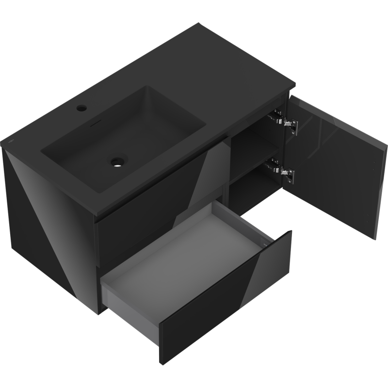 Mexen Orio Badezimmerschrank 90 cm mit Waschbecken Otis links, 2S, 1D, schwarz glänzend/schwarz matt