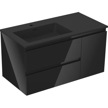 Mexen Orio Badezimmerschrank 90 cm mit Waschbecken Otis links, 2S, 1D, schwarz glänzend/schwarz matt