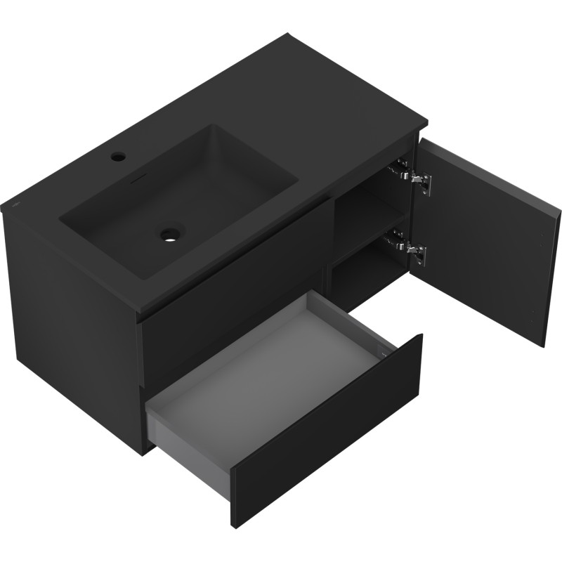 Mexen Orio Badezimmerschrank 90 cm mit linkem Waschbecken Otis, 2S, 1D, schwarz matt - 91A13-09047-3-BBFFF71-W18L71