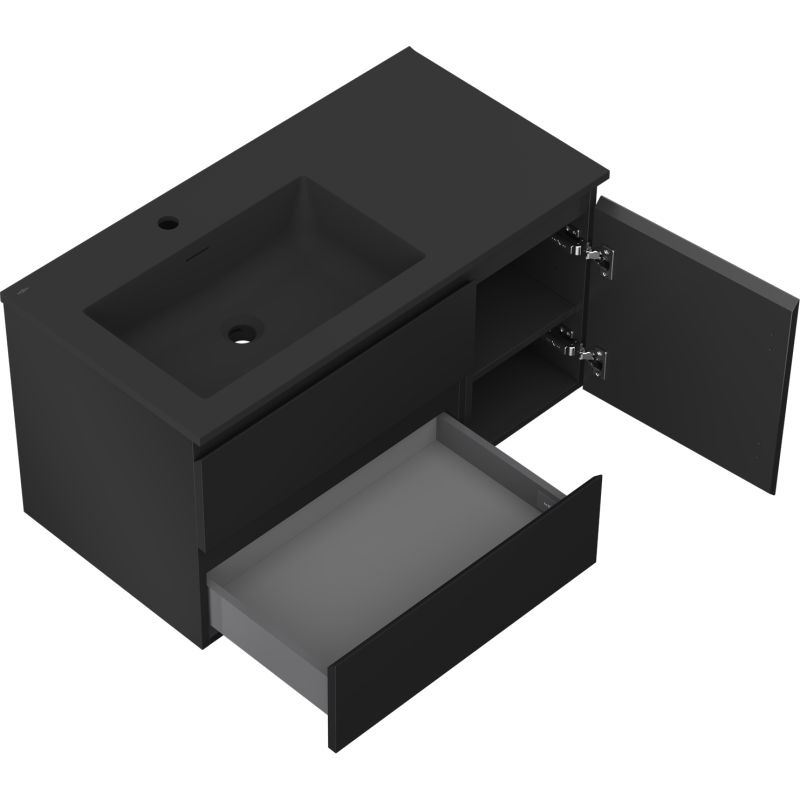 Mexen Orio Badezimmerschrank 90 cm mit Waschbecken Otis links, 2S, 1D, schwarz matt - 91A13-09047-3-BBFFF71-W18L71