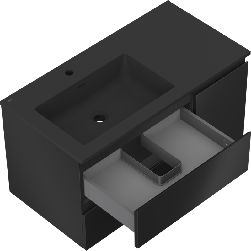 Mexen Orio Badezimmerschrank 90 cm mit Waschbecken Otis links, 2S, 1D, schwarz matt - 91A13-09047-3-BBFFF71-W18L71