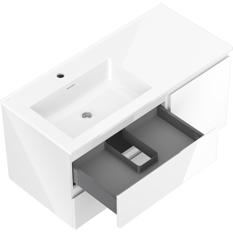 Mexen Orio Badezimmerschrank 100 cm mit Otis-Waschtisch links, 2S, 1D, weiß glänzend - 91A13-10047-3-BBFFF00-W18L00