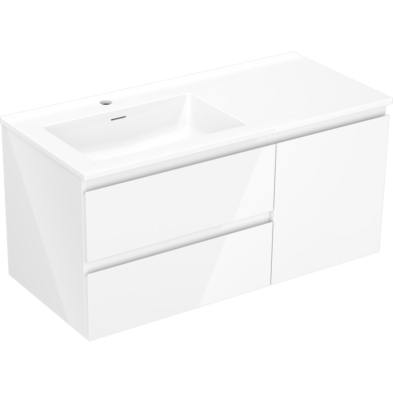 Mexen Orio Badezimmerschrank 100 cm mit Otis-Waschtisch links, 2S, 1D, weiß glänzend - 91A13-10047-3-BBFFF00-W18L00