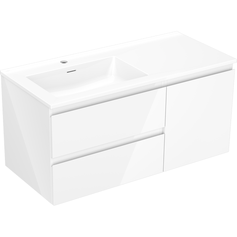 Mexen Orio Badezimmerschrank 100 cm mit Waschtisch Otis links, 2S, 1T, weiß glänzend - 91A13-10047-3-BBFFF00-W18L00