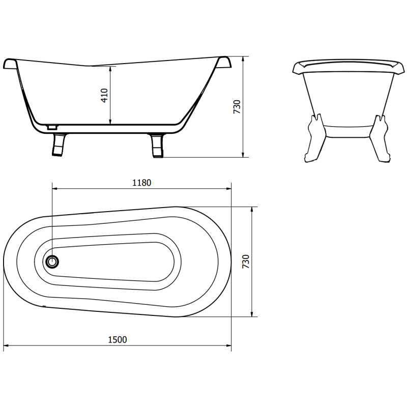 Mexen Retro freistehende Badewanne 150 x 73 cm, weiß, Chromfüße - 53251507300-00