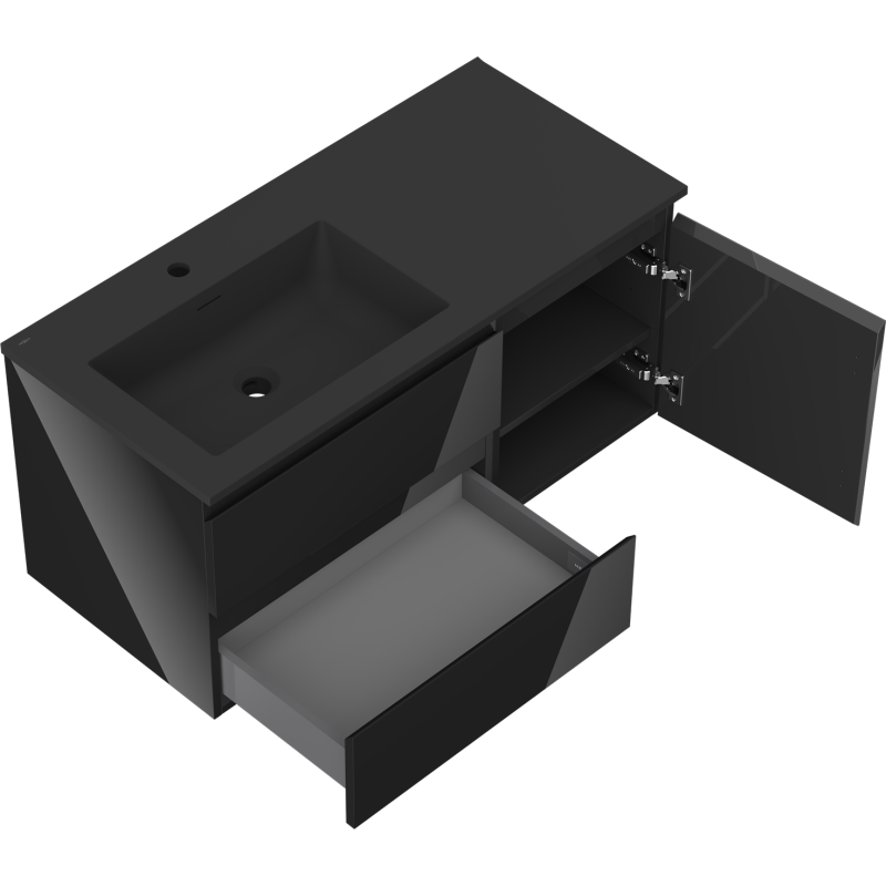 Mexen Orio Badezimmerschrank 100 cm mit Waschtisch Otis links, 2S, 1D, schwarz glänzend/schwarz matt