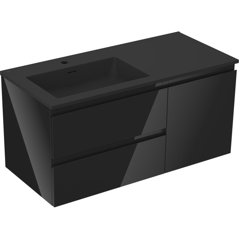 Mexen Orio Badezimmerschrank 100 cm mit Waschtisch Otis links, 2S, 1D, schwarz glänzend/schwarz matt