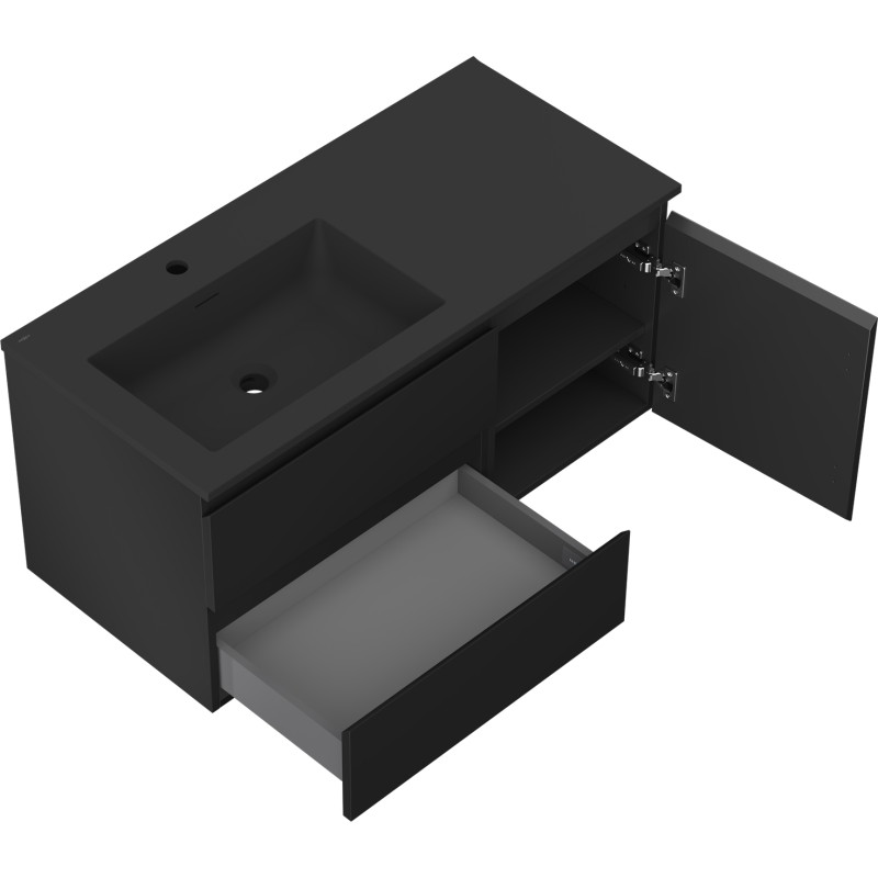 Mexen Orio Badezimmerschrank 100 cm mit Waschbecken Otis links, 2S, 1T, schwarz matt - 91A13-10047-3-BBFFF71-W18L71