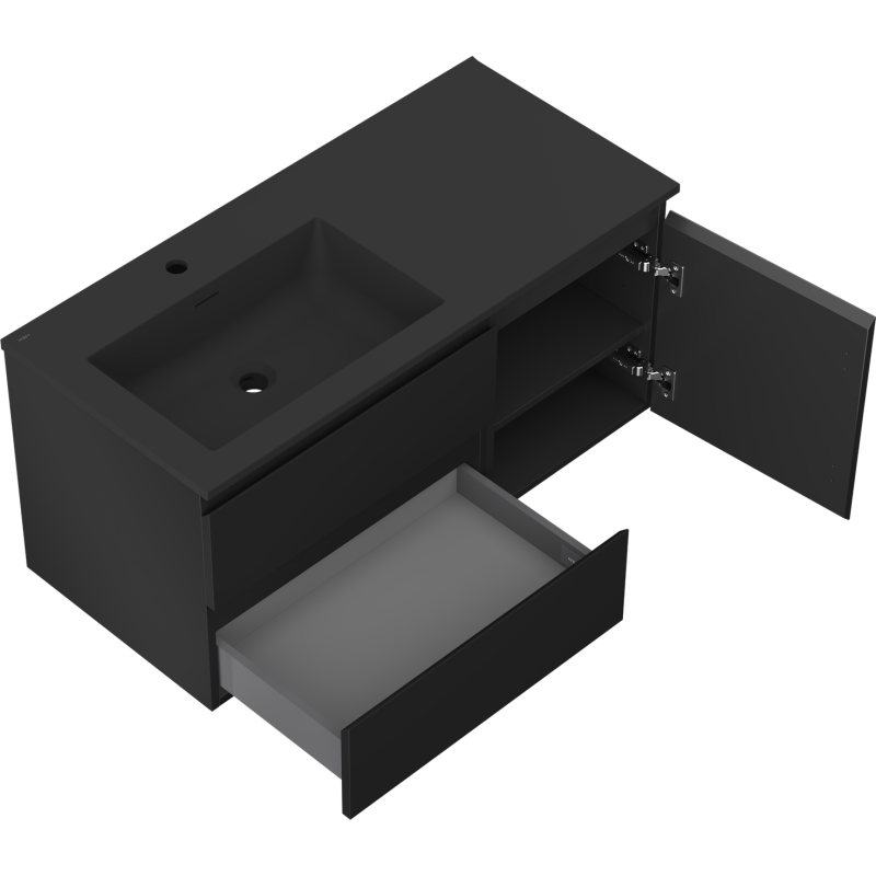 Mexen Orio Badezimmerschrank 100 cm mit Waschtisch Otis links, 2S, 1D, schwarz matt - 91A13-10047-3-BBFFF71-W18L71