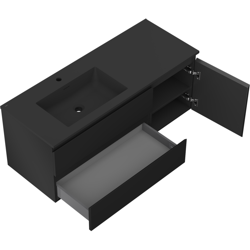 Mexen Orio Badezimmerschrank 120 cm mit linker Waschbecken Otis, 2S, 1D, schwarz matt - 91A13-12047-3-BBFFF71-W18L71