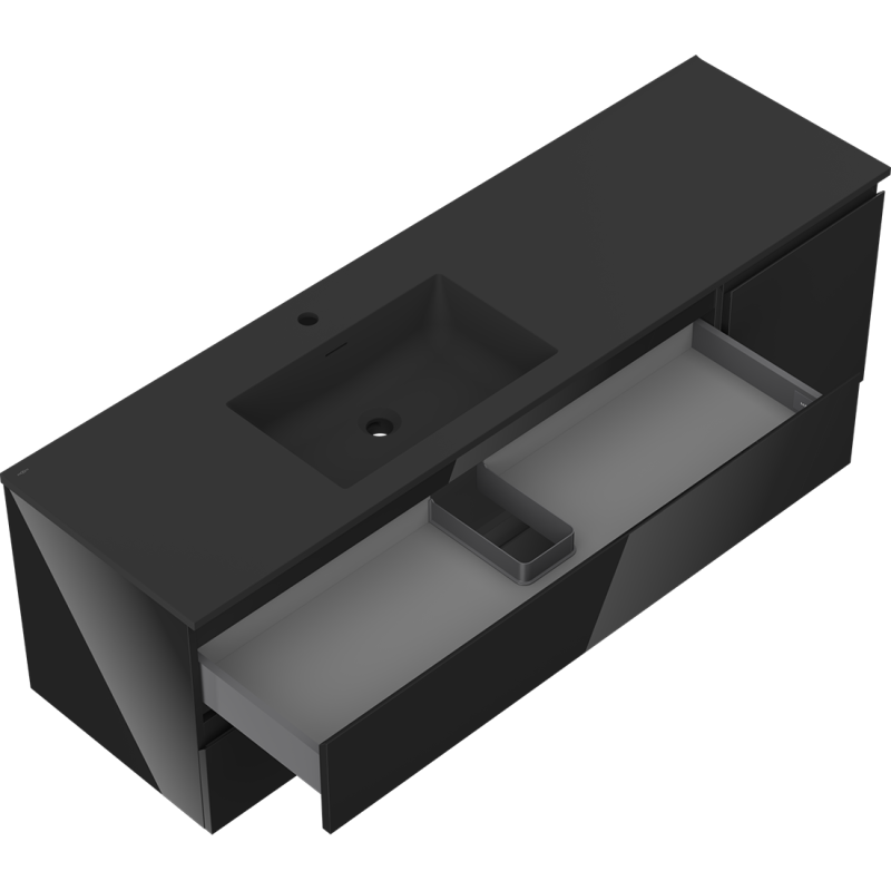 Mexen Orio Badezimmerschrank 160 cm mit Waschtisch Otis links, 2S, 1D, schwarz glänzend/schwarz matt