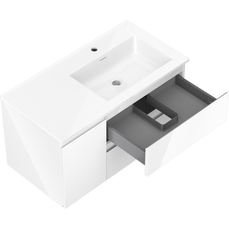 Mexen Orio Badezimmerunterschrank 90 cm mit Waschbecken Otis rechts, 2S, 1D, weiß glänzend - 91A13-09047-3-BBFFF00-W18P00