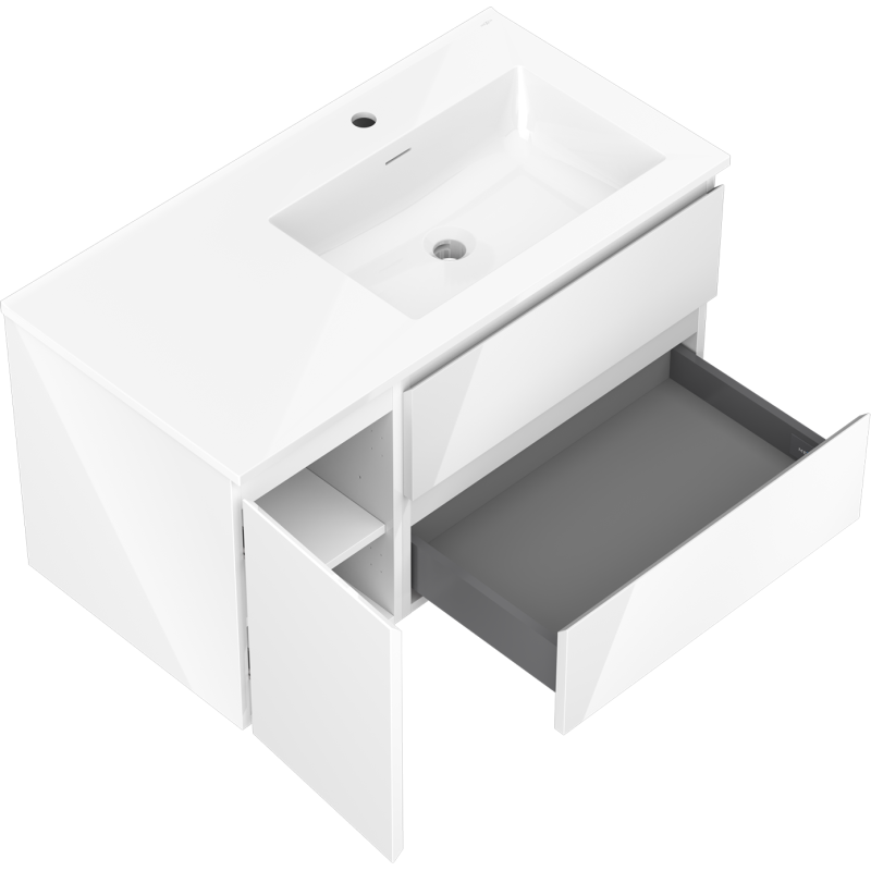 Mexen Orio Badezimmerschrank 90 cm mit Waschbecken Otis rechts, 2S, 1T, weiß glänzend - 91A13-09047-3-BBFFF00-W18P00