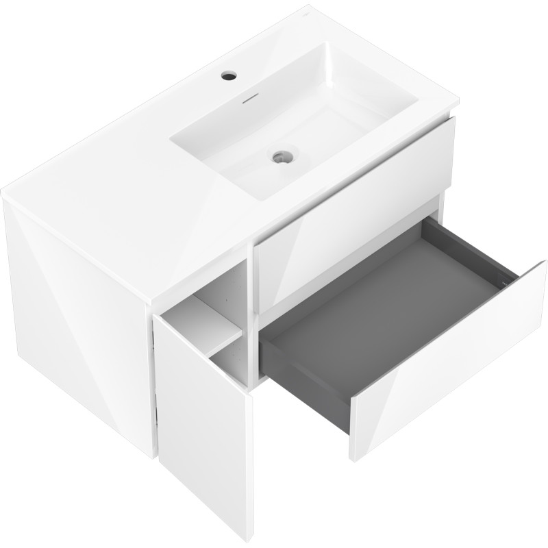 Mexen Orio Badezimmerunterschrank 90 cm mit Waschbecken Otis rechts, 2S, 1D, weiß glänzend - 91A13-09047-3-BBFFF00-W18P00