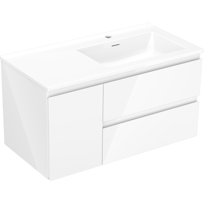 Mexen Orio Badezimmerschrank 90 cm mit Waschbecken Otis rechts, 2S, 1T, weiß glänzend - 91A13-09047-3-BBFFF00-W18P00