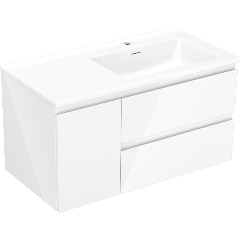Mexen Orio Badezimmerunterschrank 90 cm mit Waschbecken Otis rechts, 2S, 1D, weiß glänzend - 91A13-09047-3-BBFFF00-W18P00