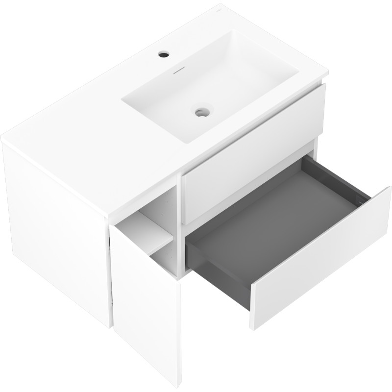 Mexen Orio Badezimmerschrank 90 cm mit Waschbecken Otis rechts, 2S, 1D, weiß matt - 91A13-09047-3-BBFFF01-W18P01